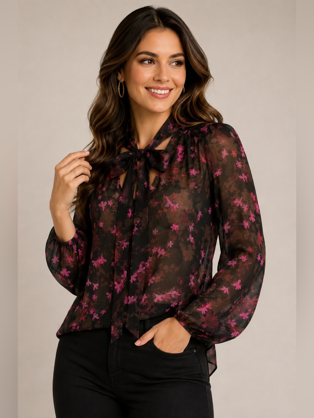Cabi Pink Floral Tie Neck Sheer Chiffon Blouse Size XS Long Sleeve Keyhole Top